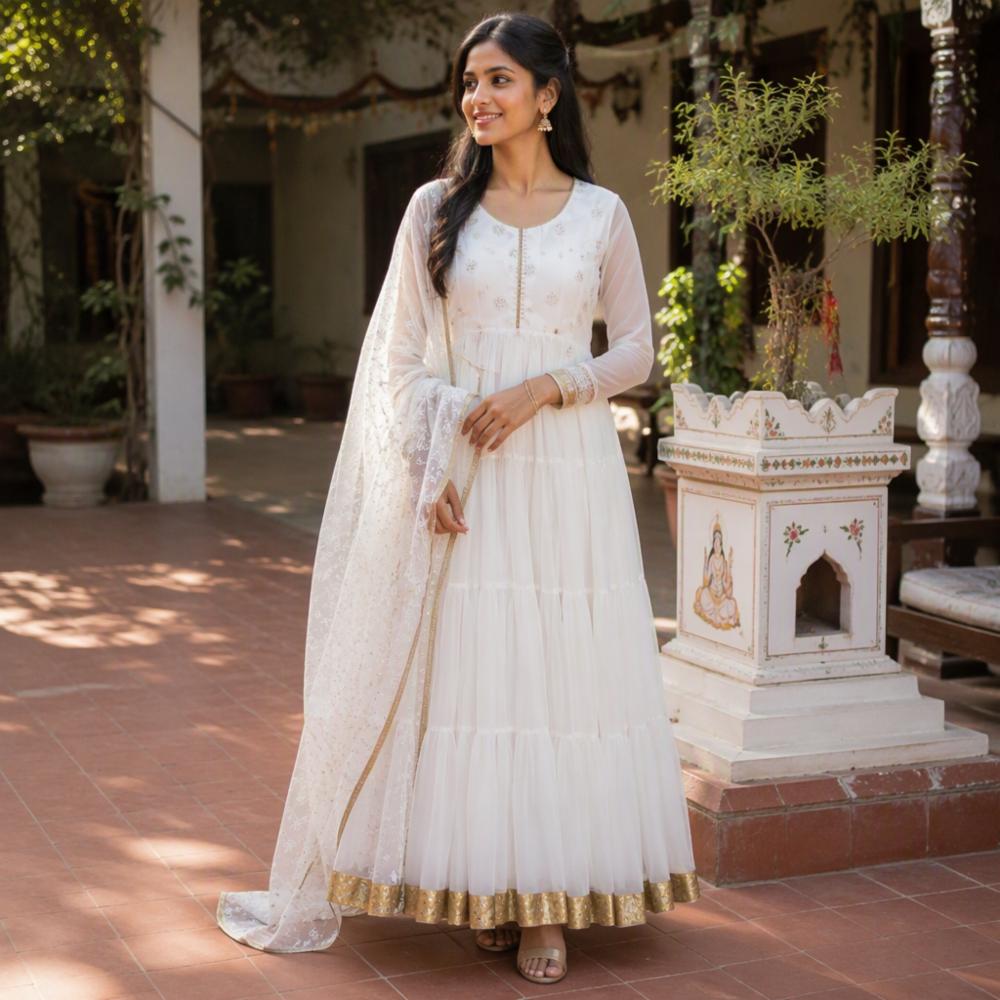 Georgette Embroidered Gown with Dupatta and Cotton Inner for Women