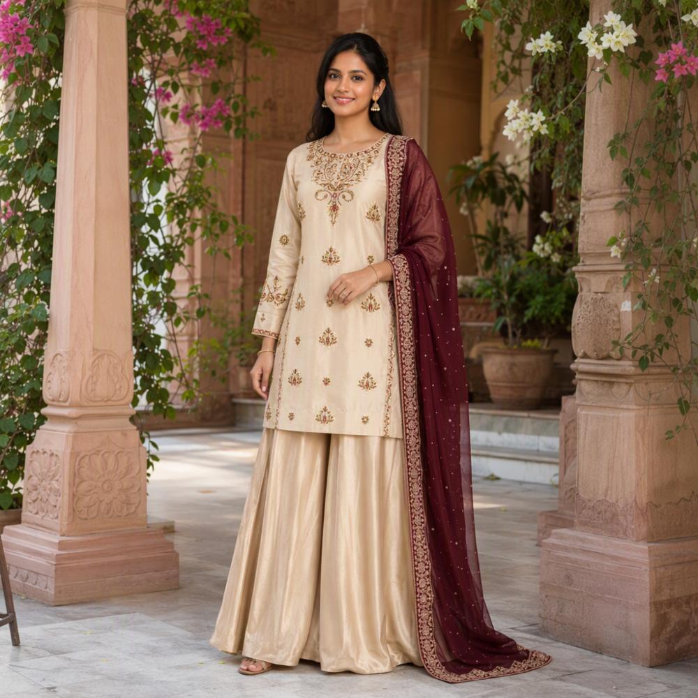 Womenâs Pure Crepe Embroidered Sharara Suit Set with Dupatta