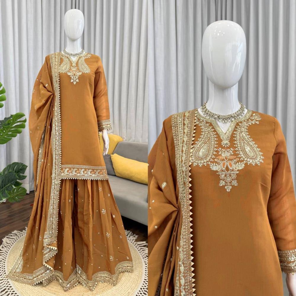 Multicolor Chanderi Thread & Sequence Work Palazzo Suit Set