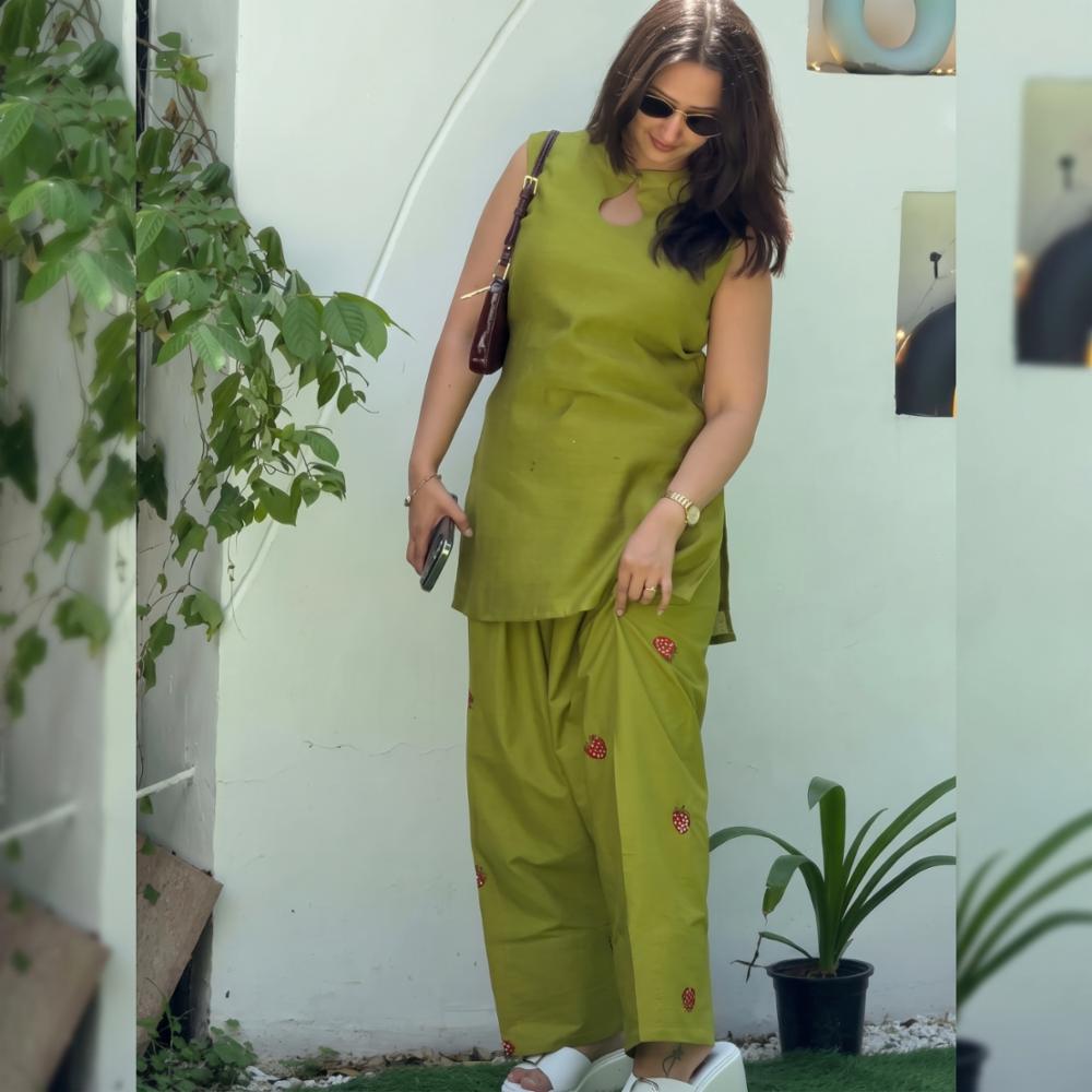 Premium Olive Green Cotton Strawberry Embroidery Farshi Salwar Co-Ord Set for Women