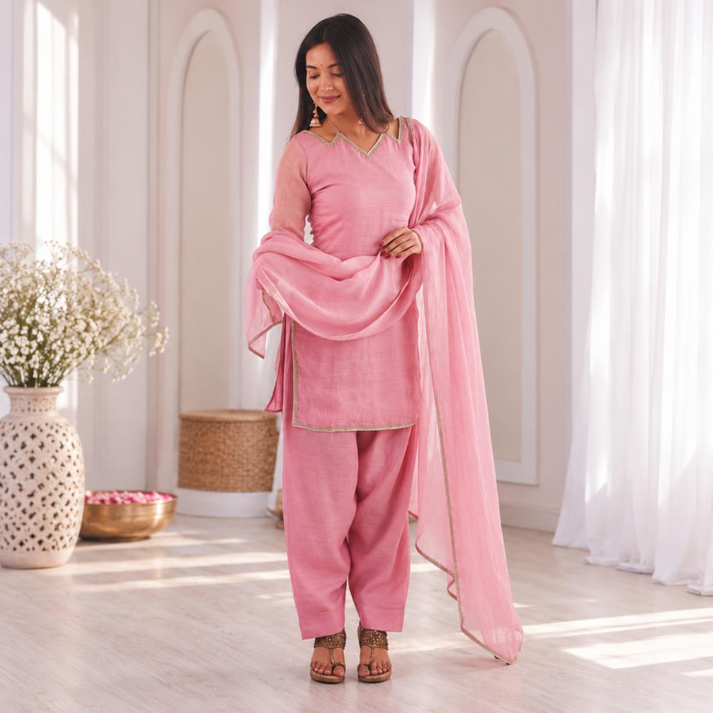 Crunchy Silk Fully Stitched Suit Set with Lace Border Dupatta