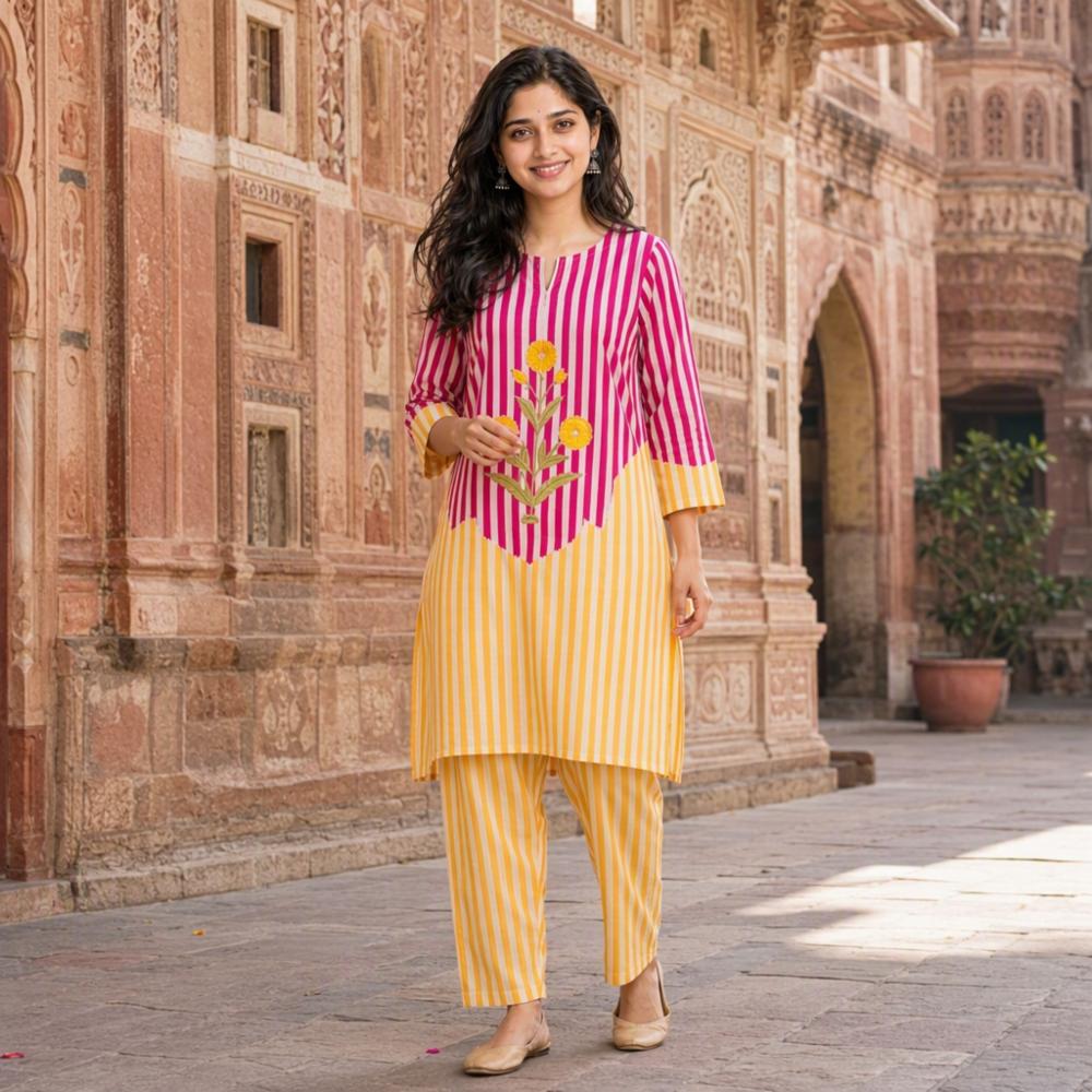 Womenâs Pure Cotton Striped Co-Ord Set with Floral Embroidery 