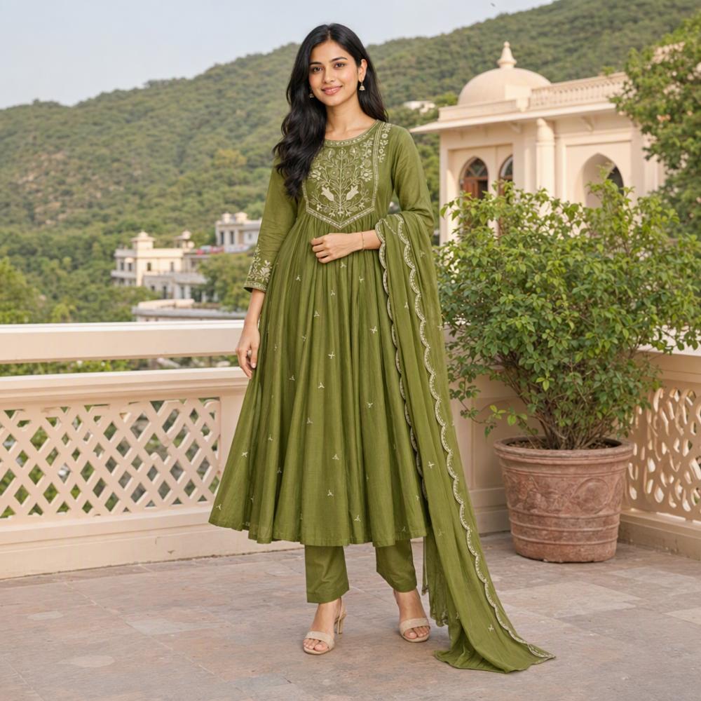 Anarkali Suit Set in Two Tone Mul Chanderi with Embroidery