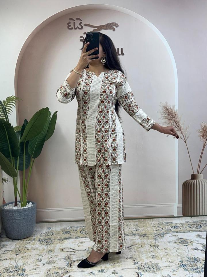 White Pure Soft Rayon Cotton Co-ord Set with Printed Foil Work