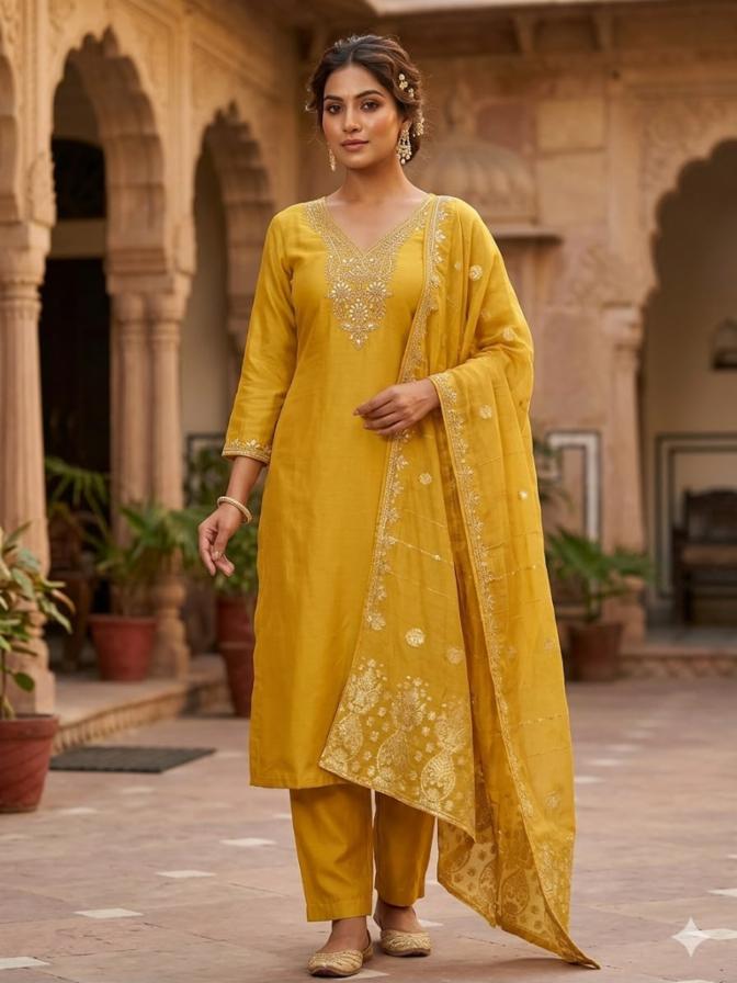 Lemon Yellow Roman Silk Embroidered Kurti Pant Dupatta Set