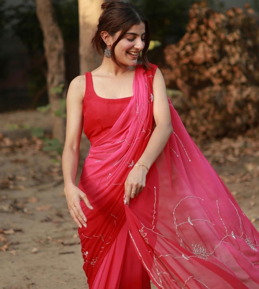Half Pure Chiffon Handwork Saree with All Over Jaal and Running Blouse