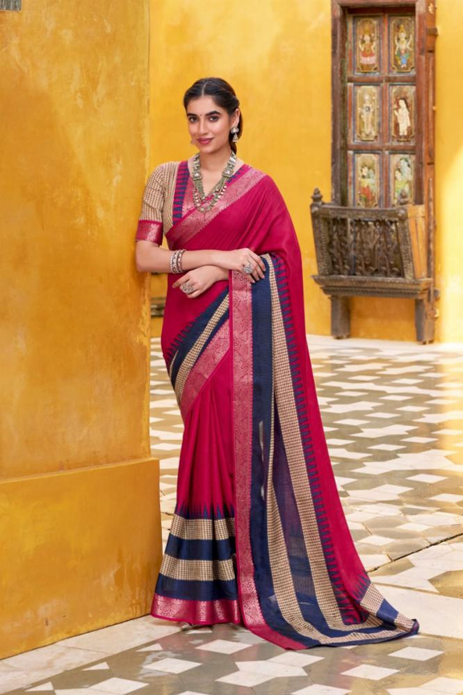 Poly Cotton Saree with Printed Zari Weaving 