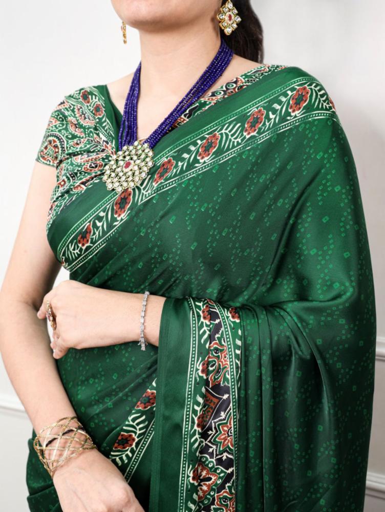 Satin Silk Saree with Ajrakh Print and Unstitched Blouse
