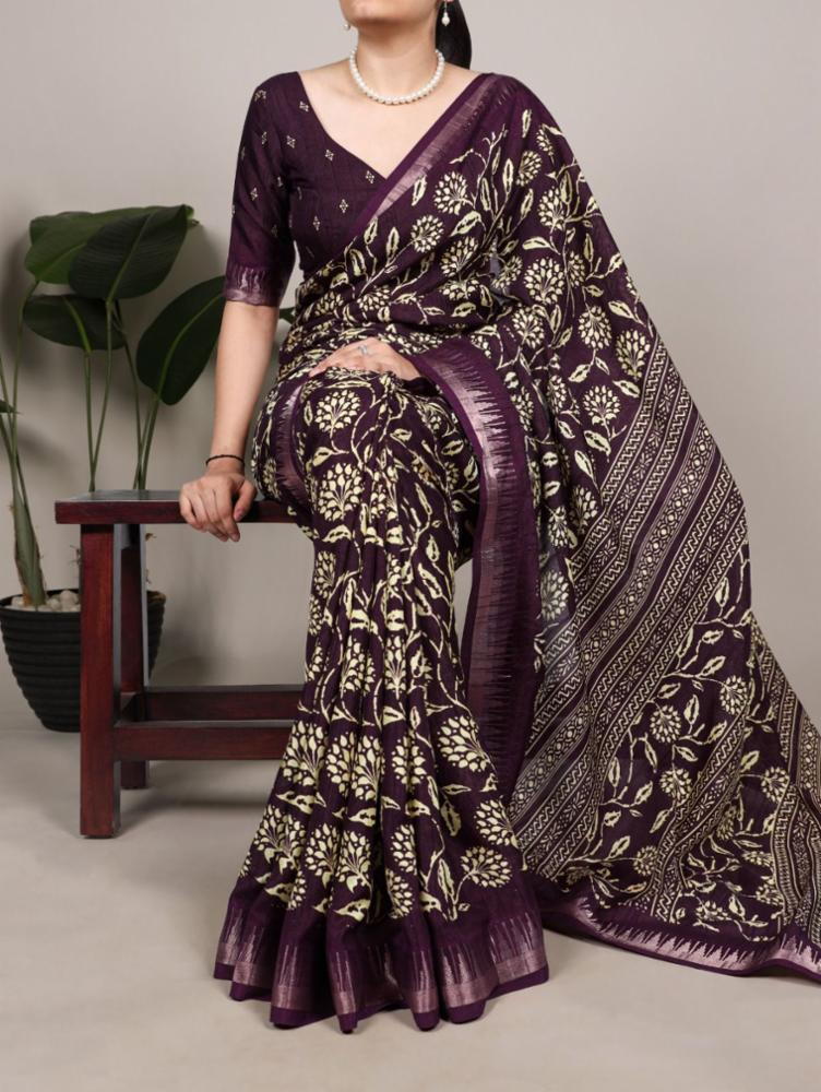 Slub Silk Floral Printed Saree with Zari Border and Unstitched Blouse