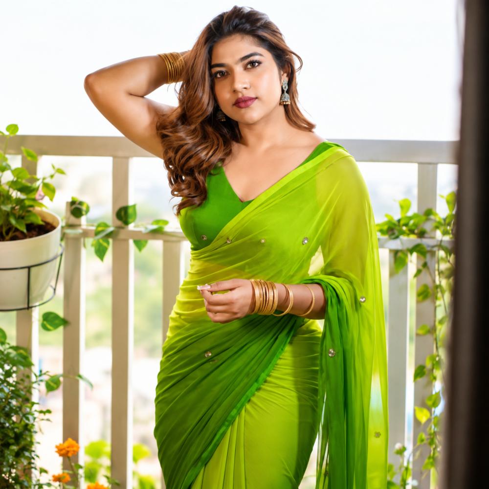 Two Shaded Multi Color Handwork Saree with Running Blouse