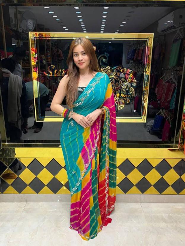 Faux Georgette Beads & Mirror Work Digital Print Saree 