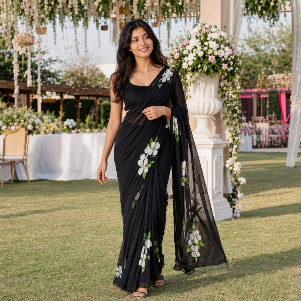 Black Brush Print Saree with Handwork and Running Blouse