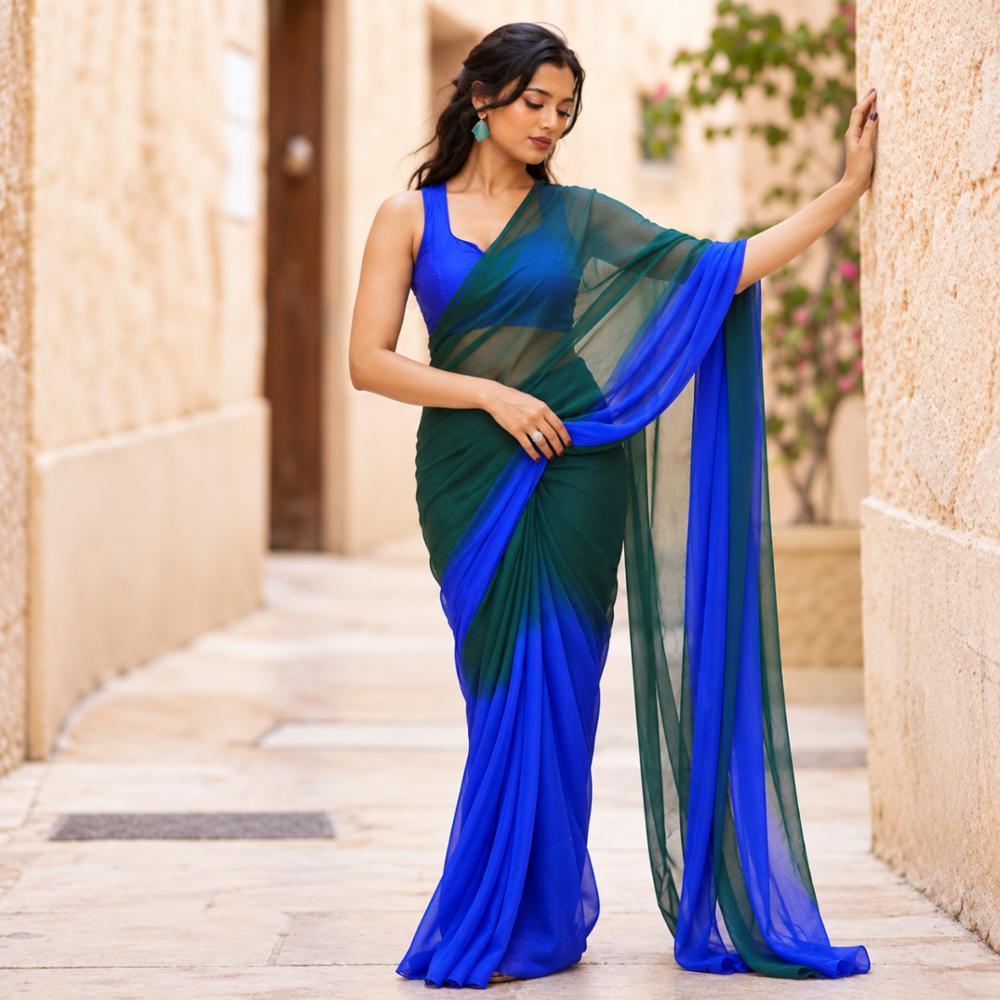 Half Pure Chiffon Mukesh Work Shaded Multi-Color Saree