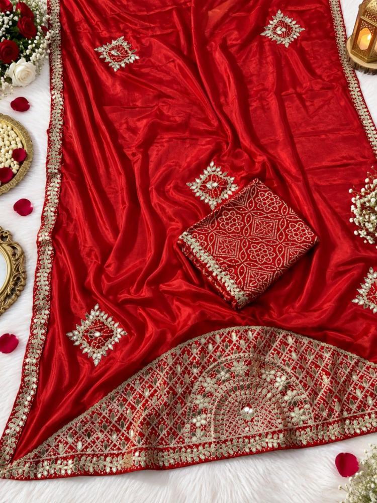 Premium Chinon Designer Saree with Heavy Rich Pallu, Bandhej Patch Butta & Gota Patti Work