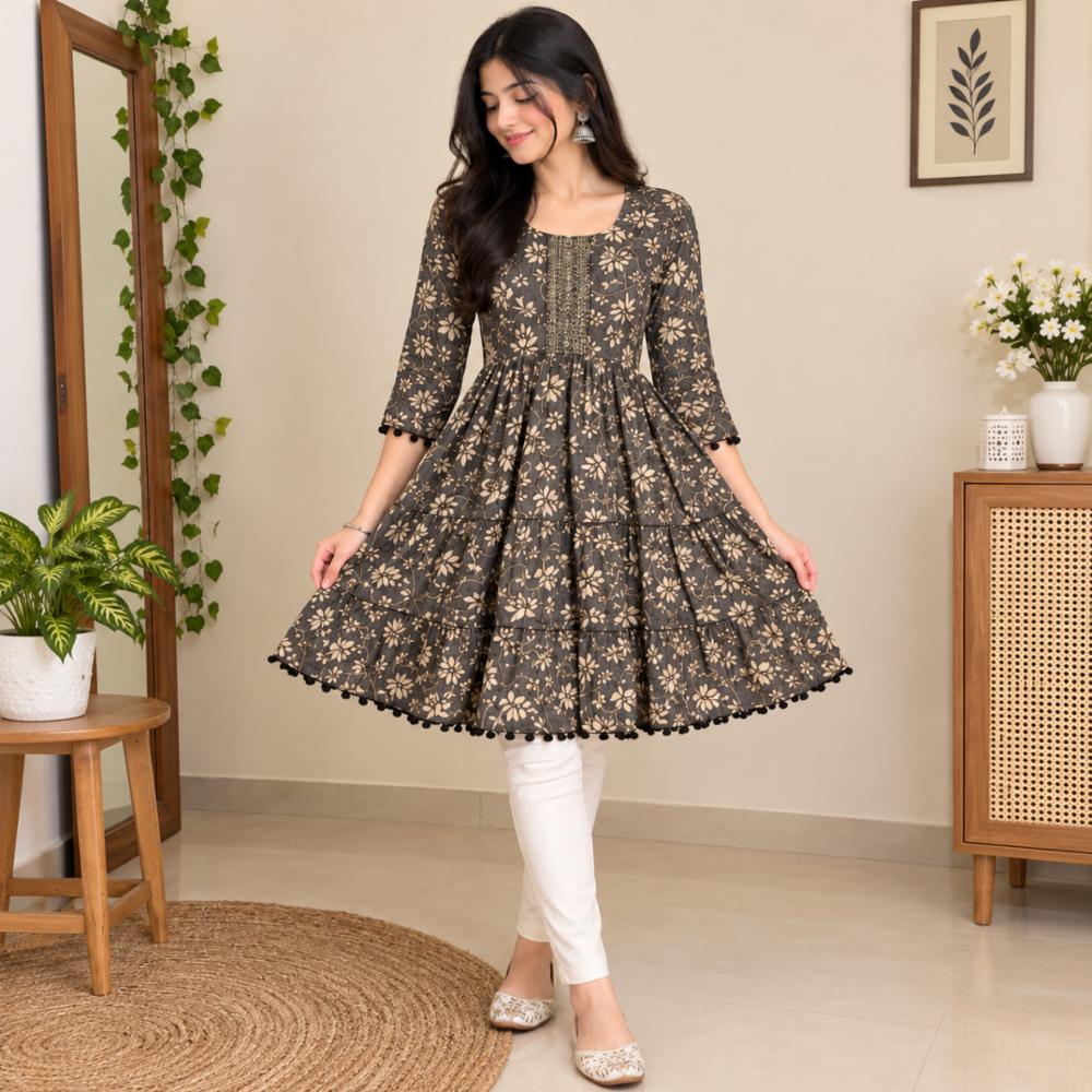 Women's Floral Printed Short Anarkali Kurti Cotton Blend