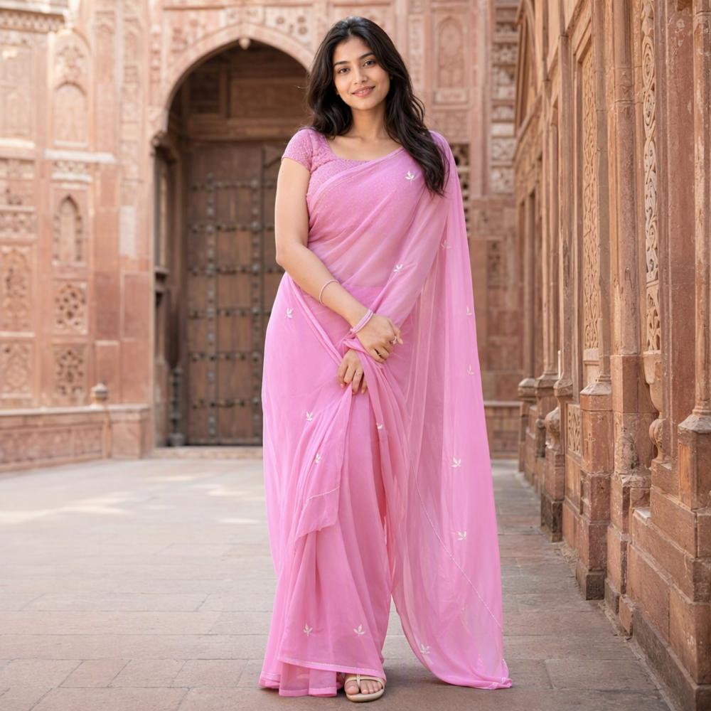 Half Pure Chiffon Handwork Saree with Running Blouse