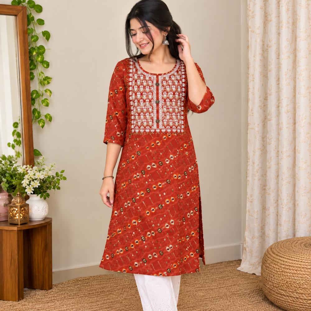 Women Rust Cotton Blend Printed Straight Kurti with Embroidered