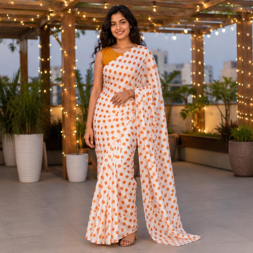 Japan Satin Polka Dot Printed Saree with Matching Mono Banglory Blouse
