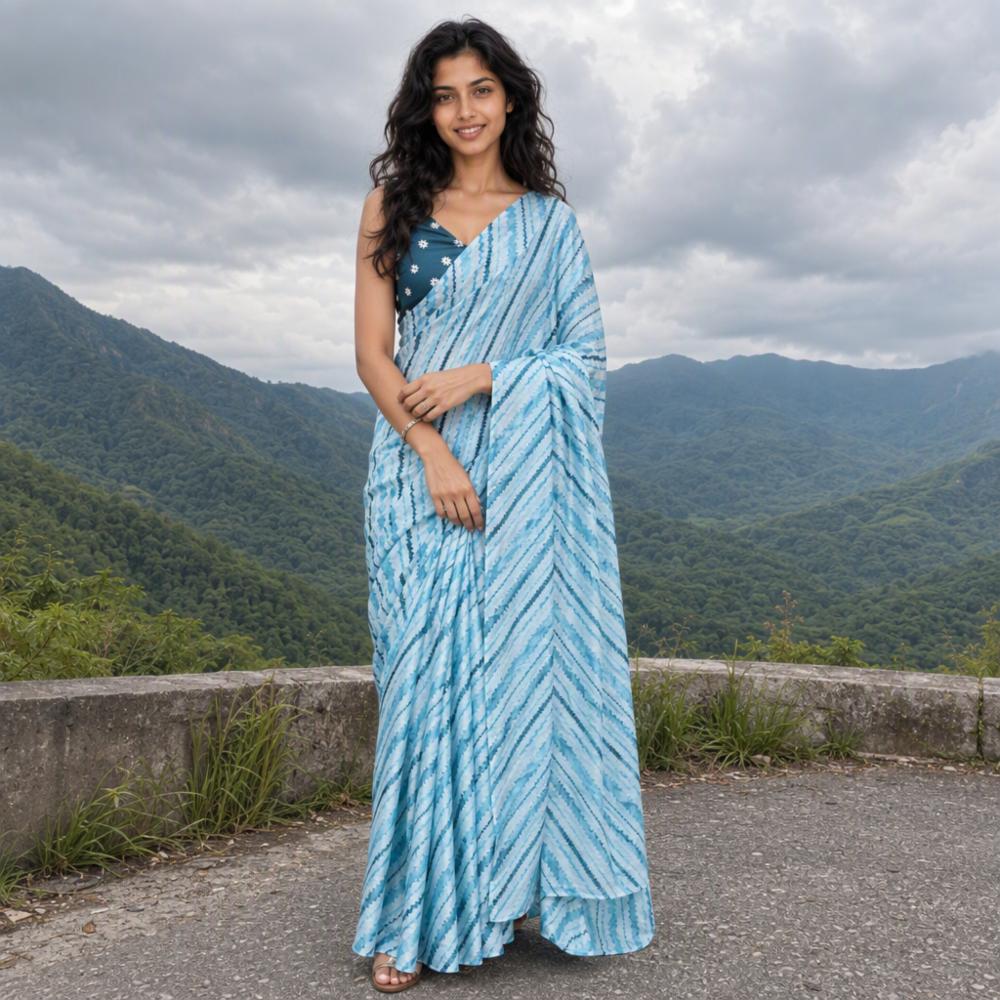 Premium Japan Satin Leheriya Print Saree with Matching Printed Blouse