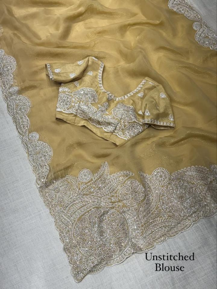 Semi Silk Embroidered Saree with Heavy Cutwork Border & Swarovski Diamond Work