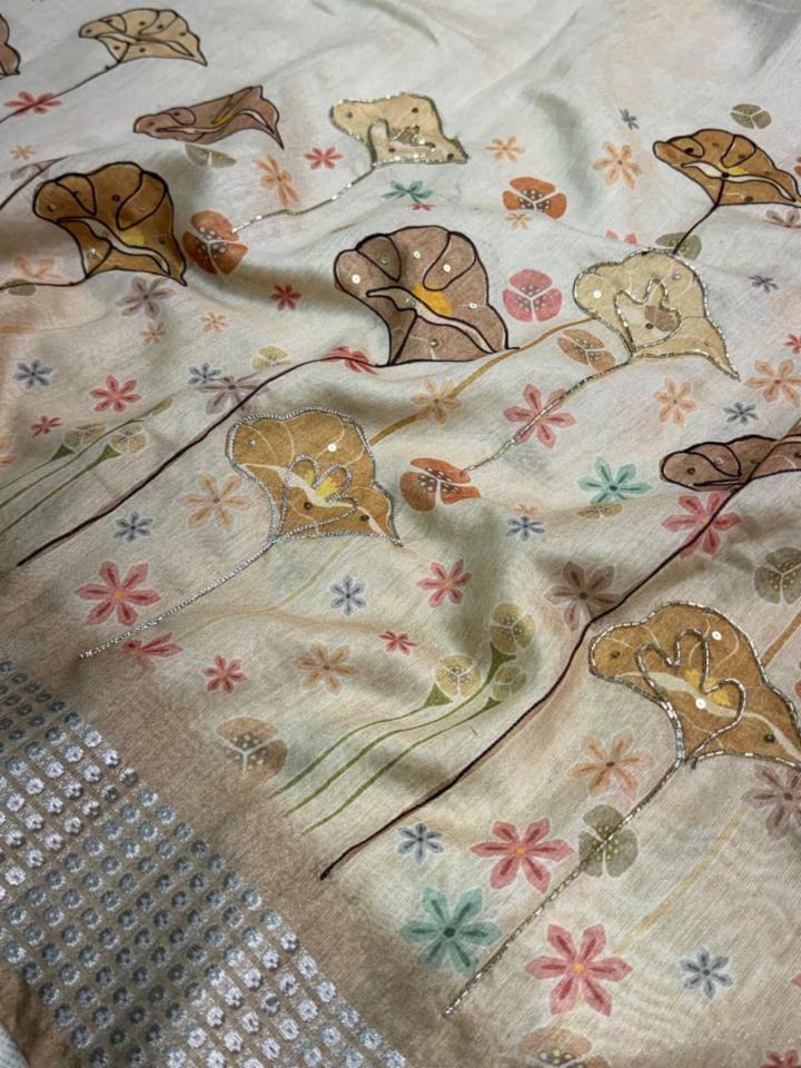 Premium Tussar Blend Floriva Designer Saree with Hand Katha Embroidery, Sequin & Zari Border