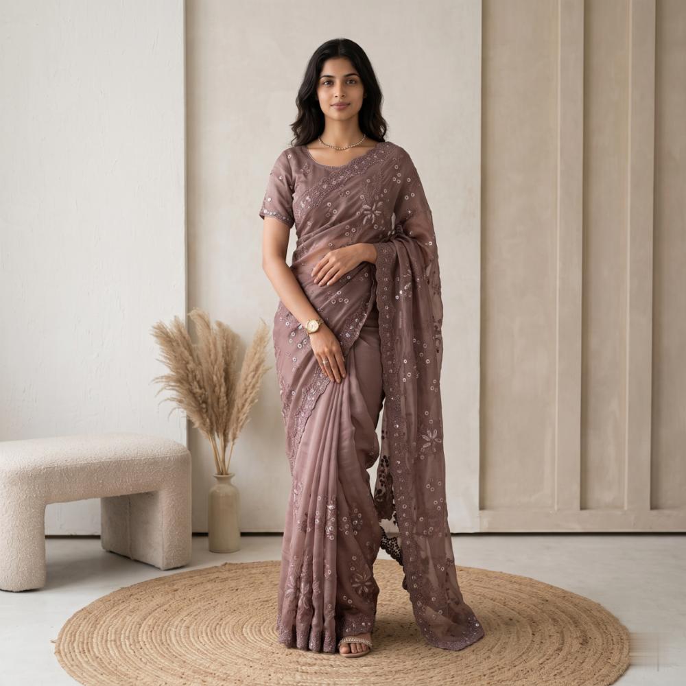 Mannat Designer Melbourne Shimmer Silk Saree with Heavy Floral Thread Embroidery & Dual-Tone Sequin Work