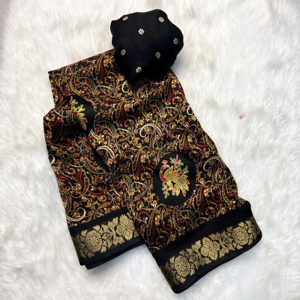 Soft Georgette Black Saree with Heavy Dull Moss Jacquard Border & Floral Paisley Design