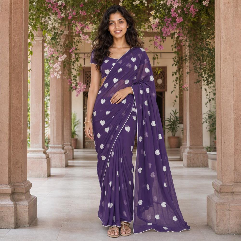 Heart Design Georgette Saree with All-Over Thread Gmathi Work & Contrast Piping