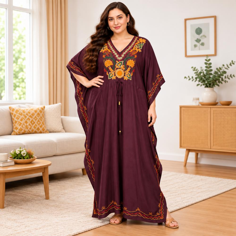 Rayon Cotton Designer Embroidery Long Kaftan Dress with Embroidery and Adjustable Knot
