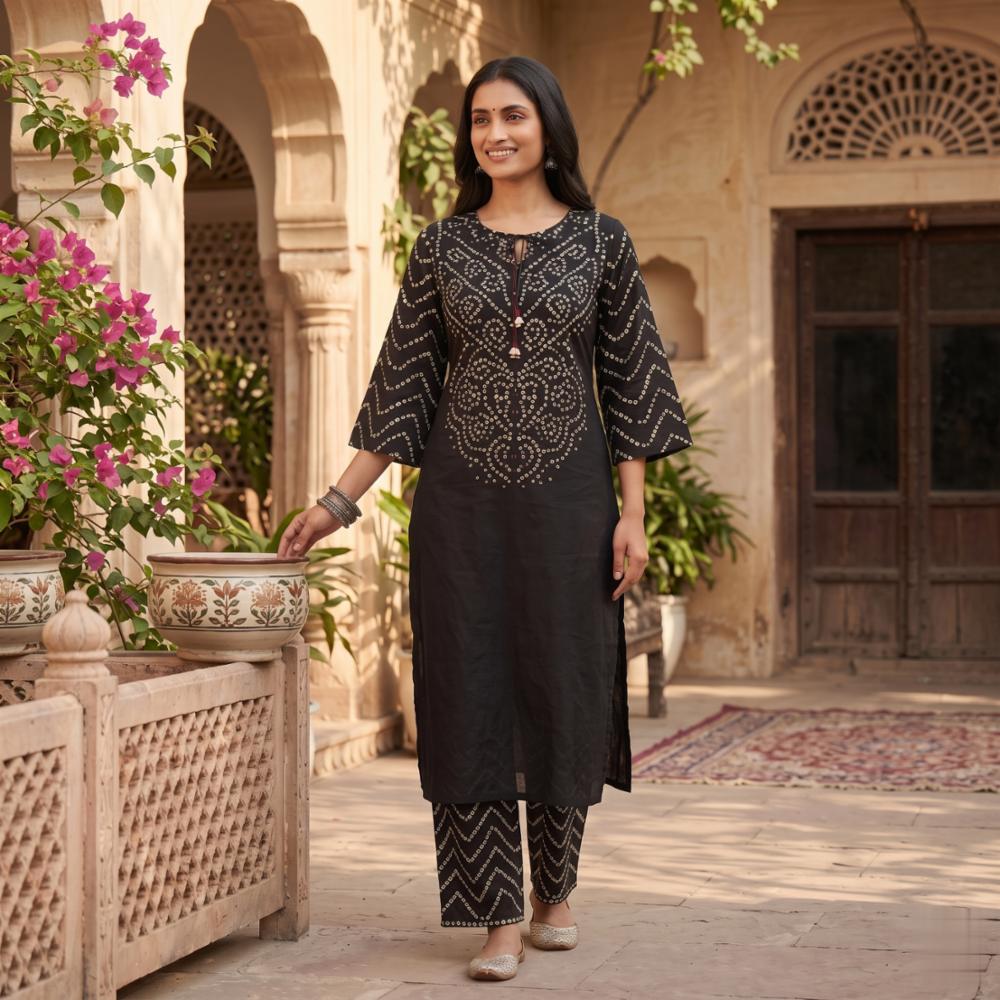 Women's Black Pure Cotton 60X60 Kurta Pant Set with Elegant Printed Detailing
