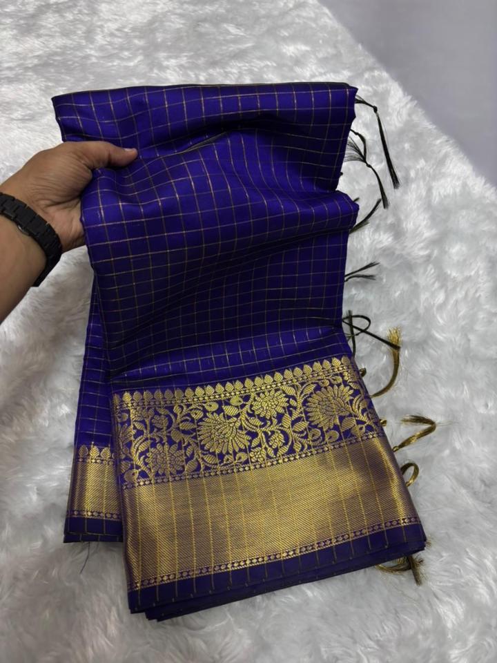 Handloom Maheshwari Semi Katan Silk Saree with Golden Zari Checks & Rich Contrast Pallu
