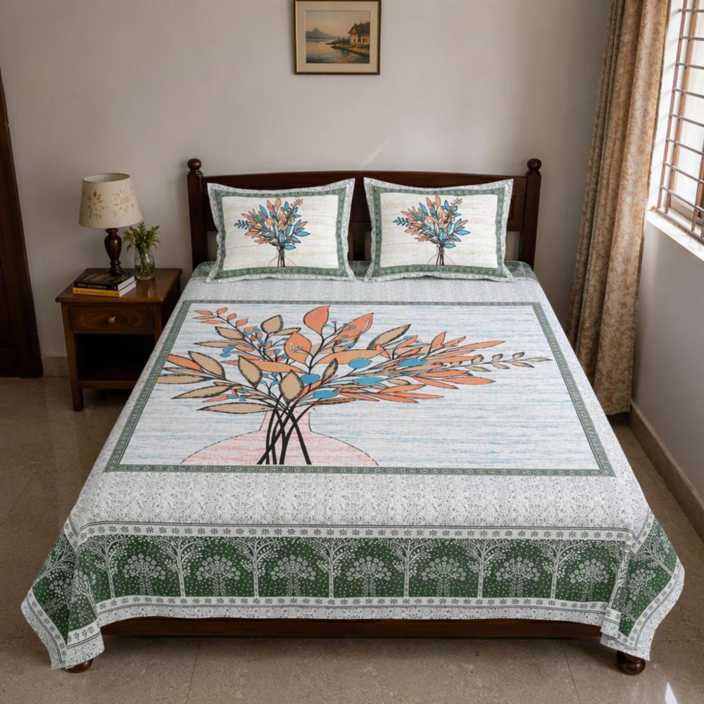 Bedsheet Adda King Size Cotton Bedsheet with Jaipuri Floral Print - 280 TC  2 Pillow Covers