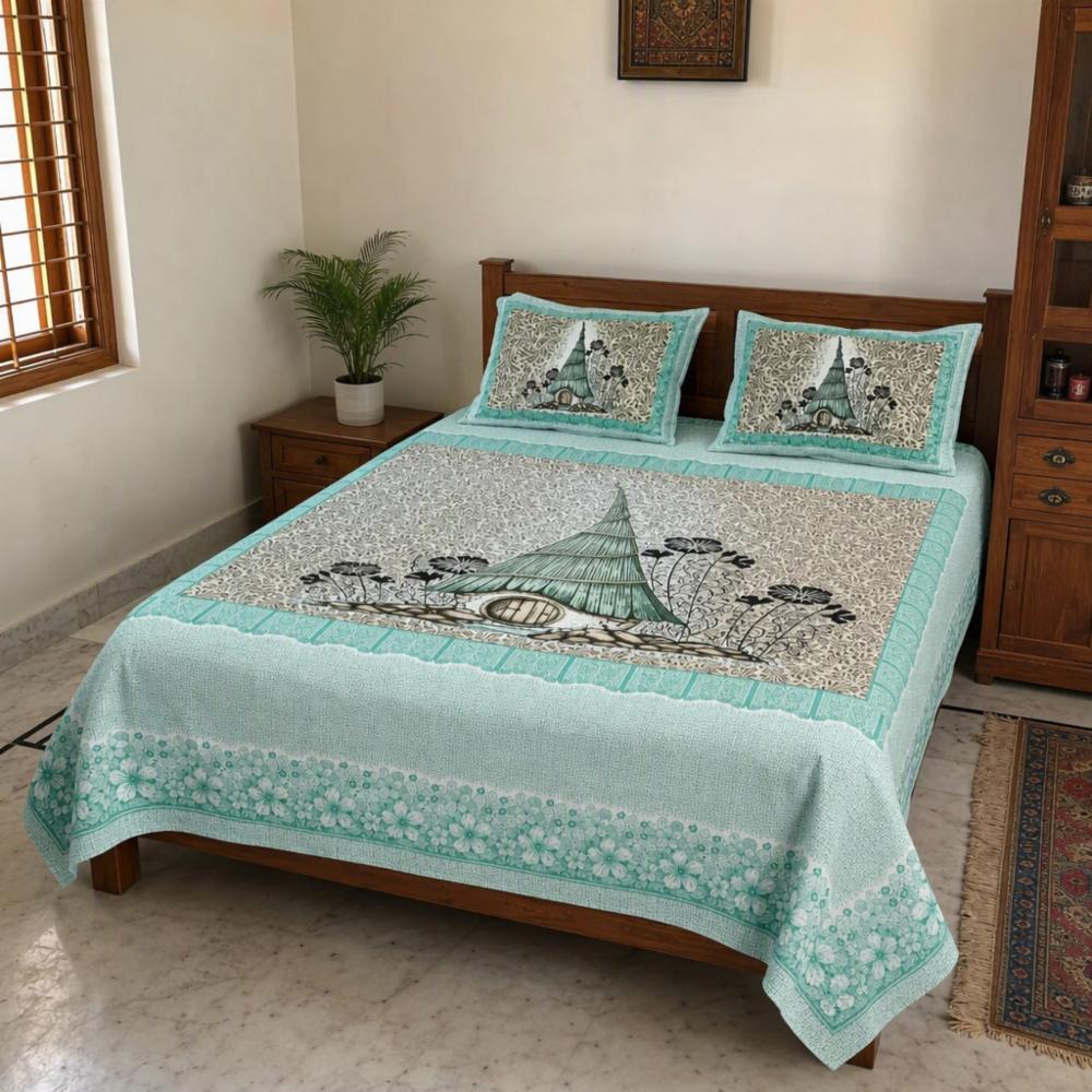 King Size Double Bedsheet Cotton Jaipuri Print with 2 Pillow Covers