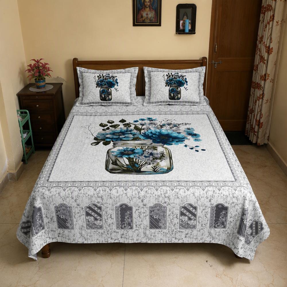 King Size Cotton Double Bedsheet with Jaipuri Floral Print - 280 TC