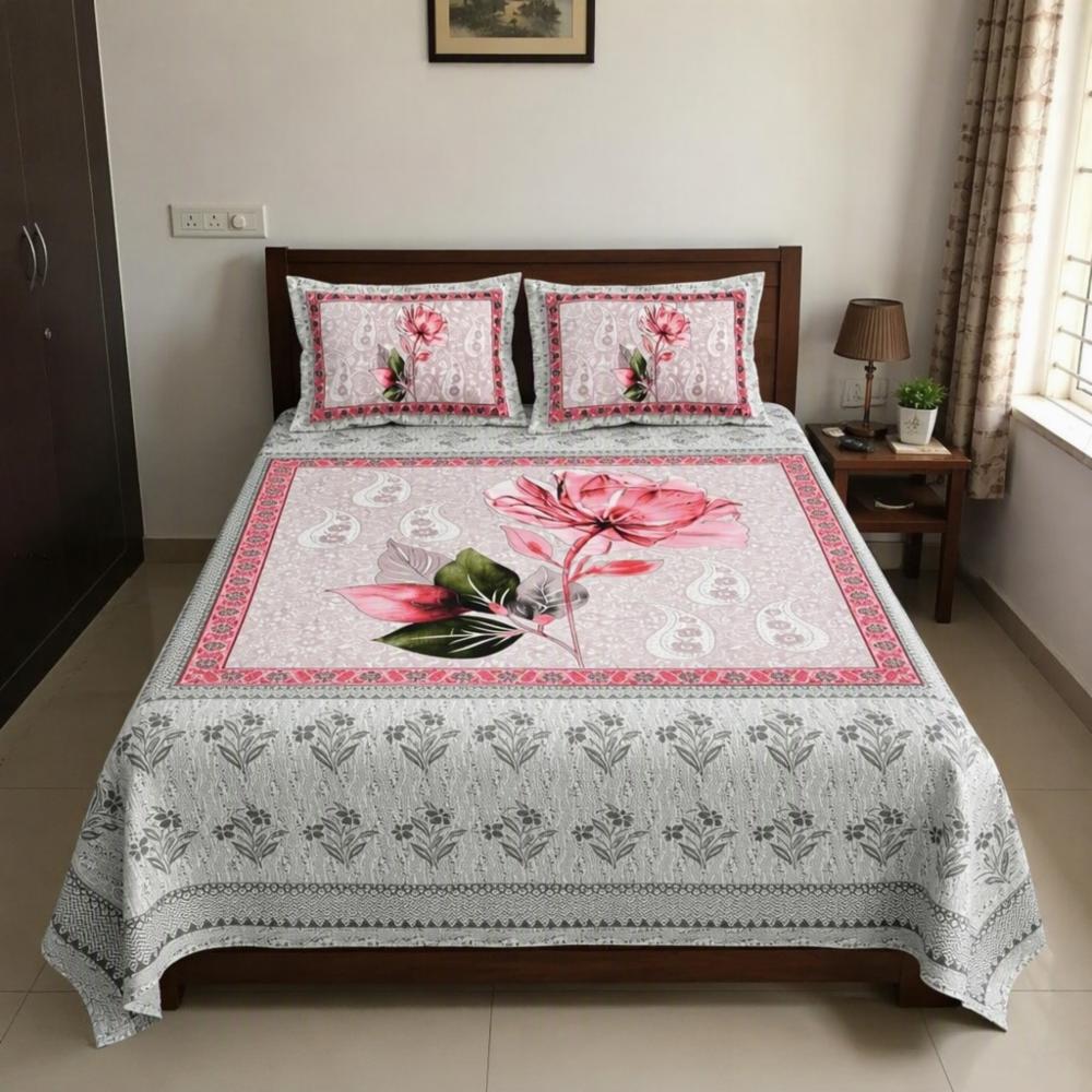 Cotton King Size Double Bedsheet with Jaipuri Print and 2 Pillow Covers
