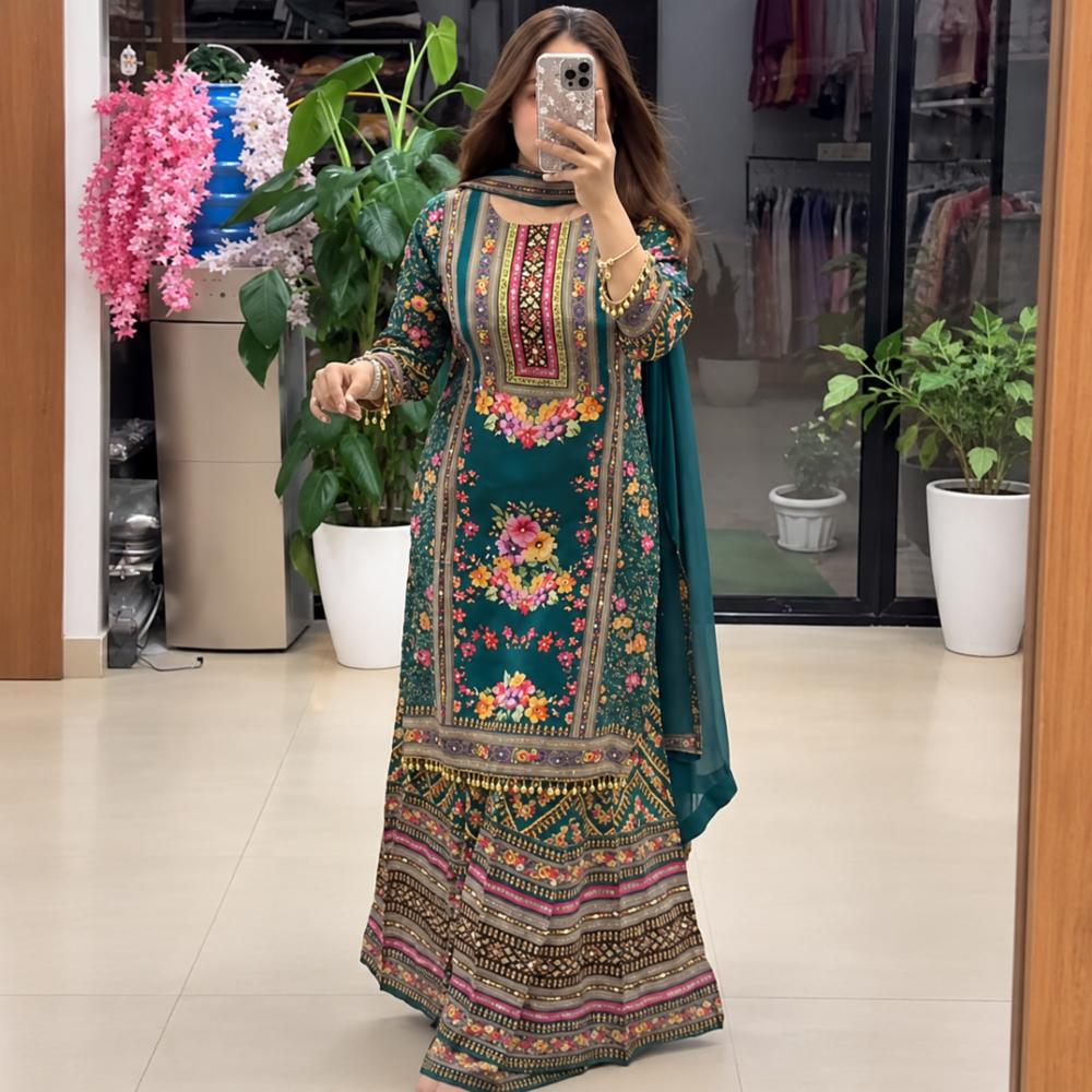Georgette 3-Piece Suit Set with Digital Print and Mirror Work